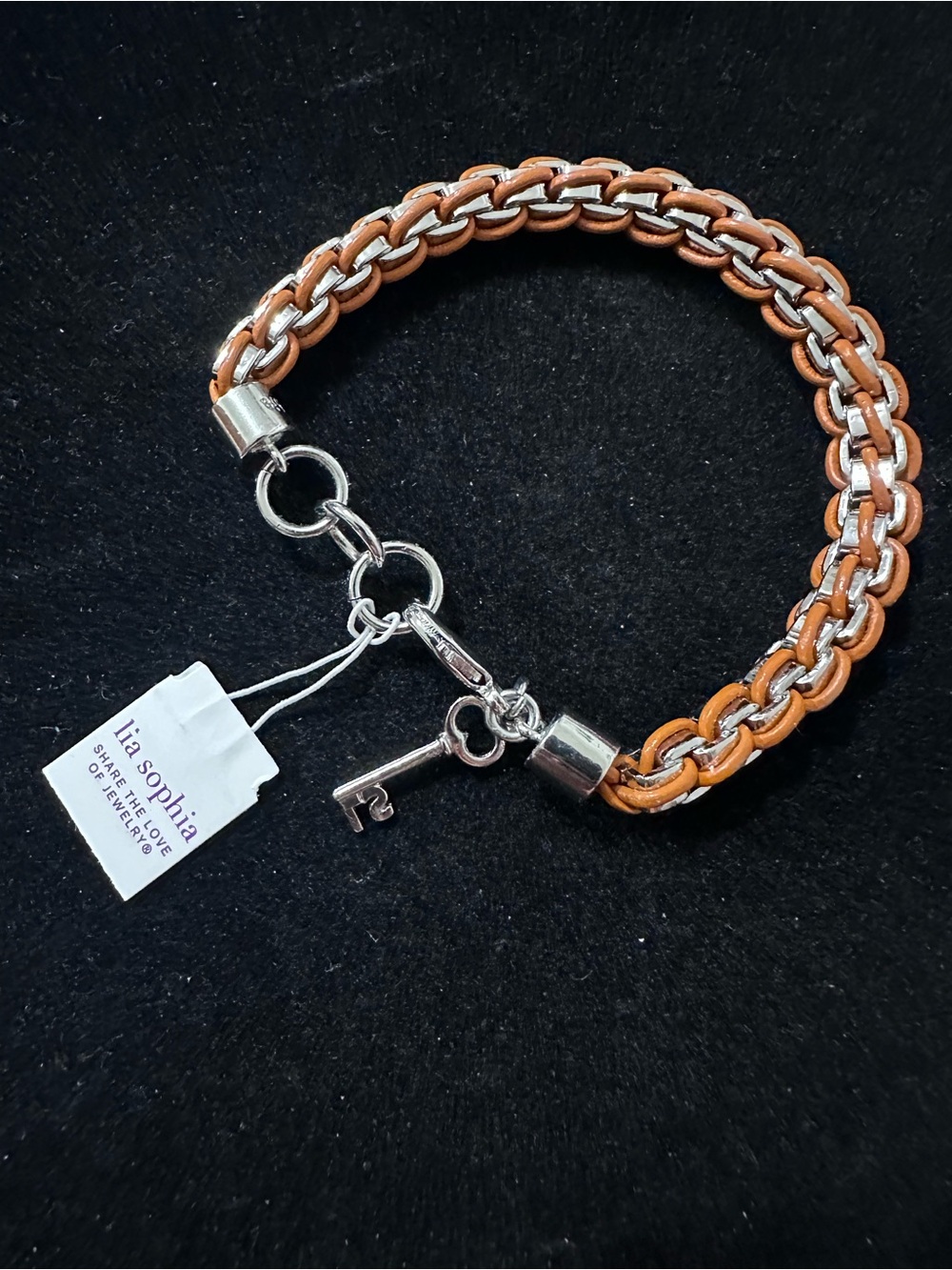 Lia Sophia Tan Leather and Silver-Tone Chain Bracelet with Key Charm